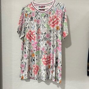 Johnny Was Floral Short Sleeve Tee - Pink and Green
